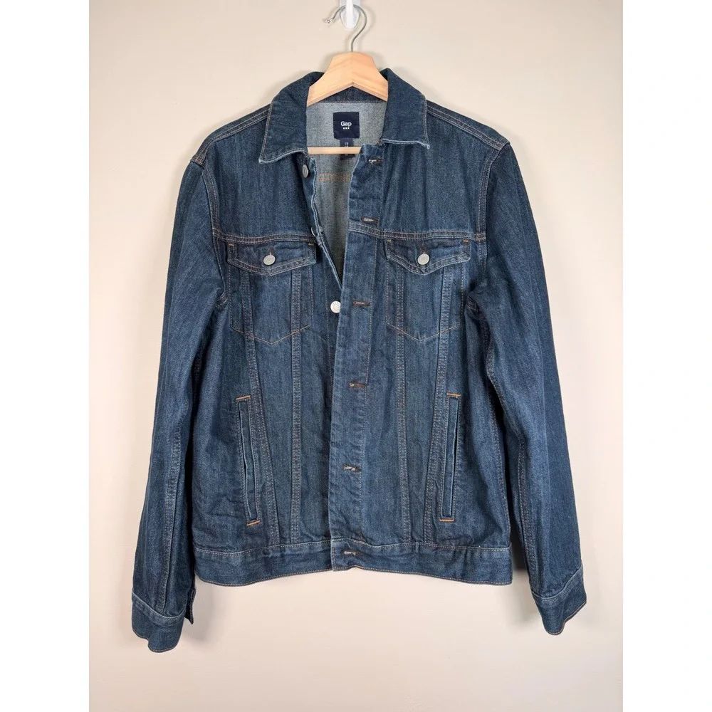 Gap Mens Dark Wash Denim Trucker Jacket Blue Button Up Size M 1969 927706-00